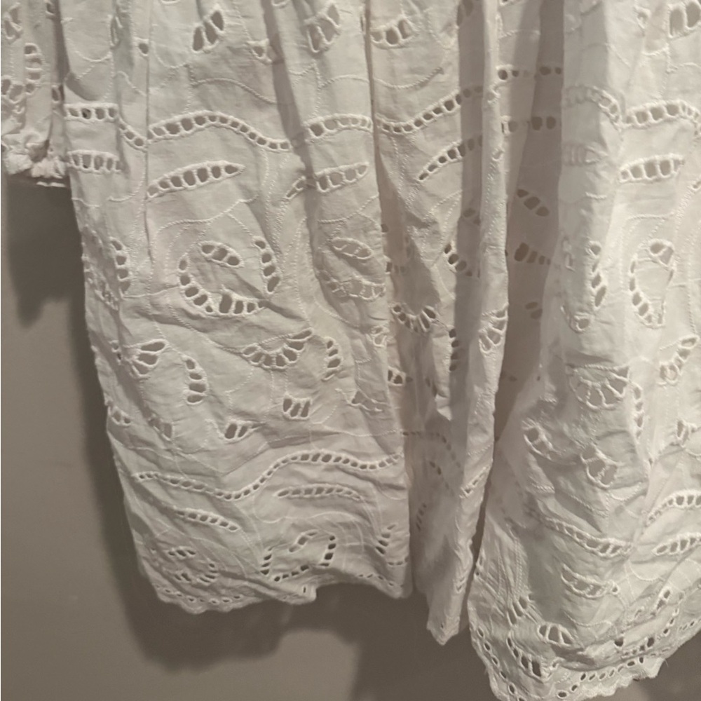 Loft White Eyelet bridal Lace Mini Dress Boho Cottagecore Scallop Hem Large Tall - Picture 10 of 15